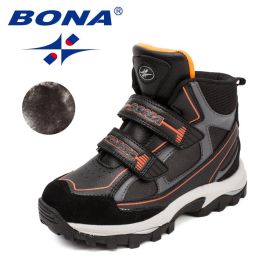 BONA 2022 New Designers Winter Snow Warm Boots Children Plush High Top Hiking Shoes Boys Sneaker Rubber Anti-Slip Footwear Girls (Color: Black F orange, size: 4.5)