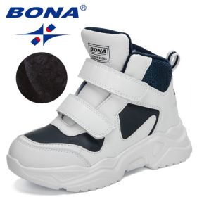 BONA 2022 New Designers Classics Hiking Shoes Kids Plush Sneakers Boys Girls Ankle Shoes Children Winter Boots Breathable Child (Color: White deep blue, size: 5.5)