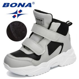BONA 2022 New Designers Classics Hiking Shoes Kids Plush Sneakers Boys Girls Ankle Shoes Children Winter Boots Breathable Child (Color: Light gray black, size: 4)