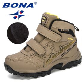 BONA 2020 New Designers High Top Winter Footwear Children Snow Skiing Hiking Fashion School Wearing Shoes Kids Plush Warm Boots (Color: Medium grey black, size: 5)