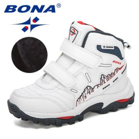 BONA 2020 New Designers High Top Winter Footwear Children Snow Skiing Hiking Fashion School Wearing Shoes Kids Plush Warm Boots (Color: White deep blue, size: 5.5)