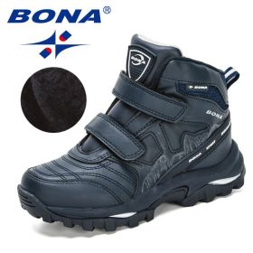 BONA 2020 New Designers High Top Winter Footwear Children Snow Skiing Hiking Fashion School Wearing Shoes Kids Plush Warm Boots (Color: Deep blue S gray, size: 3.5)