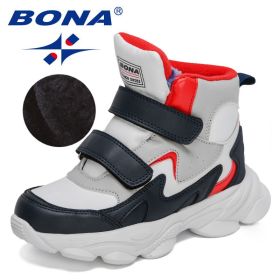 BONA 2022 New Designers High Top Winter Hiking Shoes Children Warm Sports Shoes Boys Non-slip Outdoor Plush Ankle Boots Girls (Color: White deep blue red, size: 4)