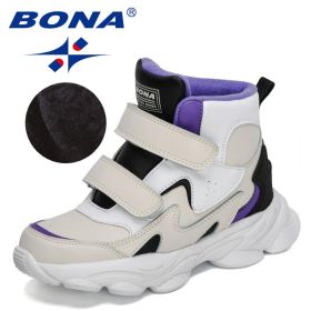 BONA 2022 New Designers High Top Winter Hiking Shoes Children Warm Sports Shoes Boys Non-slip Outdoor Plush Ankle Boots Girls (Color: Light beige purple, size: 3)