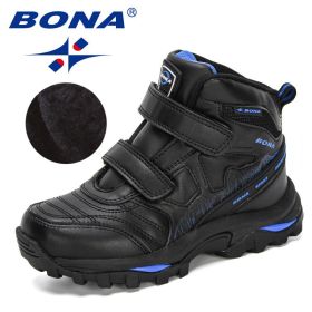 BONA 2020 New Designers High Top Winter Footwear Children Snow Skiing Hiking Fashion School Wearing Shoes Kids Plush Warm Boots (Color: Charcoal grey R blue, size: 4)