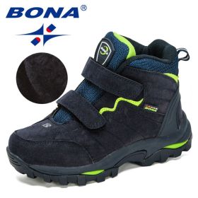 BONA 2020 New Designers Outdoor Hiking Boots Kids Leather Mountain Boots Children Climbing Sport Snow Shoes Boys Plush Warm (Color: Deep blue F green, size: 5)