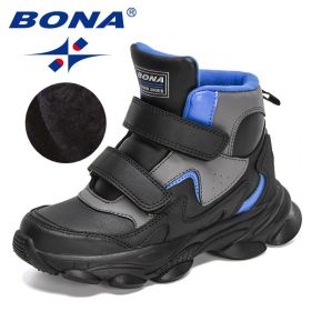 BONA 2022 New Designers High Top Winter Hiking Shoes Children Warm Sports Shoes Boys Non-slip Outdoor Plush Ankle Boots Girls (Color: Black royal blue, size: 5)