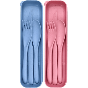 2 Pack Reusable Travel Utensils Set with Case, Wheat Straw Portable Knife Fork Spoons Tableware, Eco-Friendly Cutlery for Kids Adults Travel Picnic Ca (Brand: SLequipo)